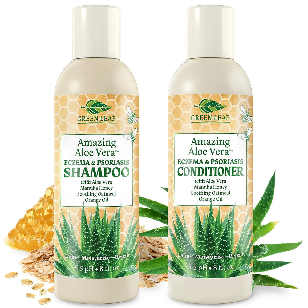 Green Leaf Naturals champú en botella con aloe vera para cuero cabelludo sensible.