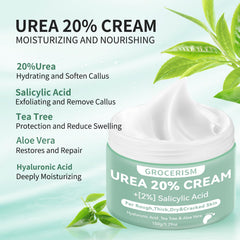 Grocerism crème urée 20% acide hyaluronique, hydratation durable.