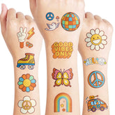 Groovy 70s tatuajes precortados flor power, ideal para decorar fiestas con estilo retro.