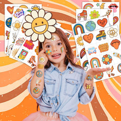 Groovy 70s tatuajes precortados signo paz, perfecto para regalos temáticos.