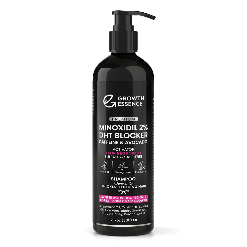 Growth Essence Champú con Minoxidil 2% en botella para densidad aparente.