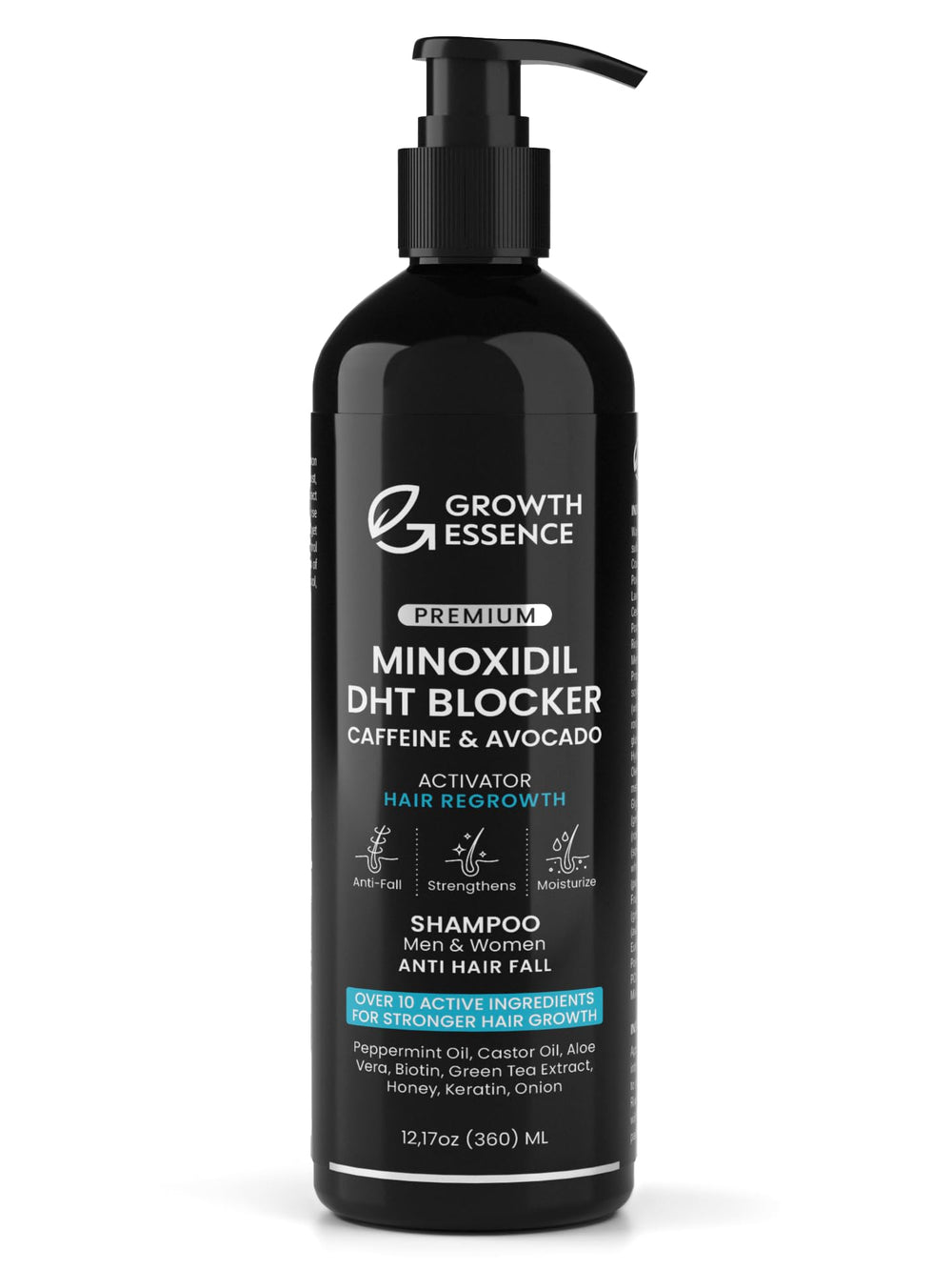 Growth Essence Champú Minoxidil y Biotina, botella para estimulación del crecimiento capilar.