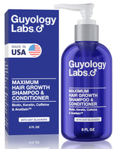 Guyology Labs Hair Growth Shampoo bottle with rich lather for fuller-looking hair.