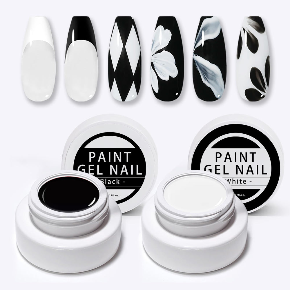 Gyraolvant gel blanco y negro para uñas, ideal para diseños precisos y acabado brillante.