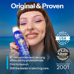 Aplicación higiénica 360°, spray H2Ocean para piercing de forma rápida.