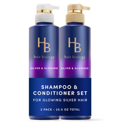 Hair Biology champú morado en botella plateada realza brillo plateado y neutraliza amarillamiento.