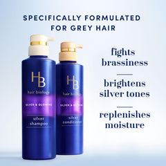 Hair Biology fórmula púrpura neutraliza tonos amarillos en mechones grises para un aspecto más fresco.