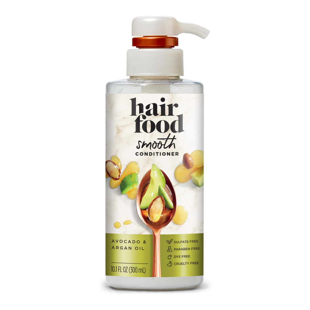 Acondicionador Hair Food con aguacate y argán, botella listada para cabello suave