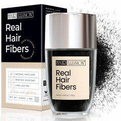 Hair Illusion fibres réelles cheveux noirs, renforçant l'apparence d'une chevelure dense.