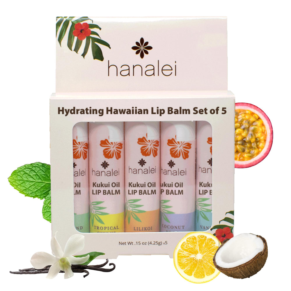 Imagen frontal del pack Hanalei con cinco bálsamos labiales para hidratación diaria
