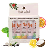 Imagen frontal del pack Hanalei con cinco bálsamos labiales para hidratación diaria