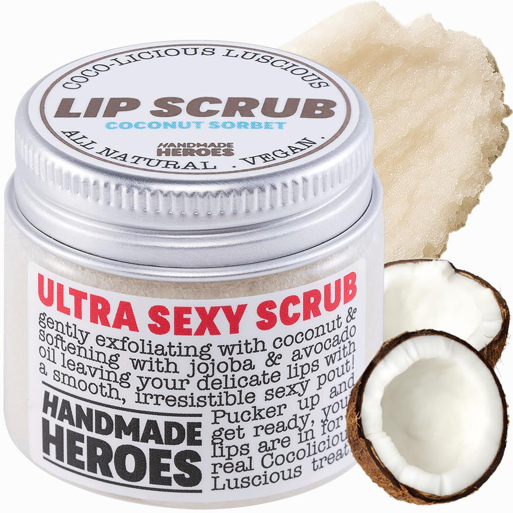 Handmade Heroes exfoliante labial Coco Sorbet, frasco cerrado para labios secos.