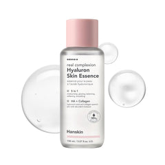 Hanskin Hyaluron Skin Essence Toner, botella elegante para hidratación profunda de la piel.