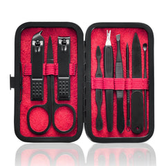 HANTEKAS set manicura 9 en 1 con estuche rojo abierto y herramientas de acero