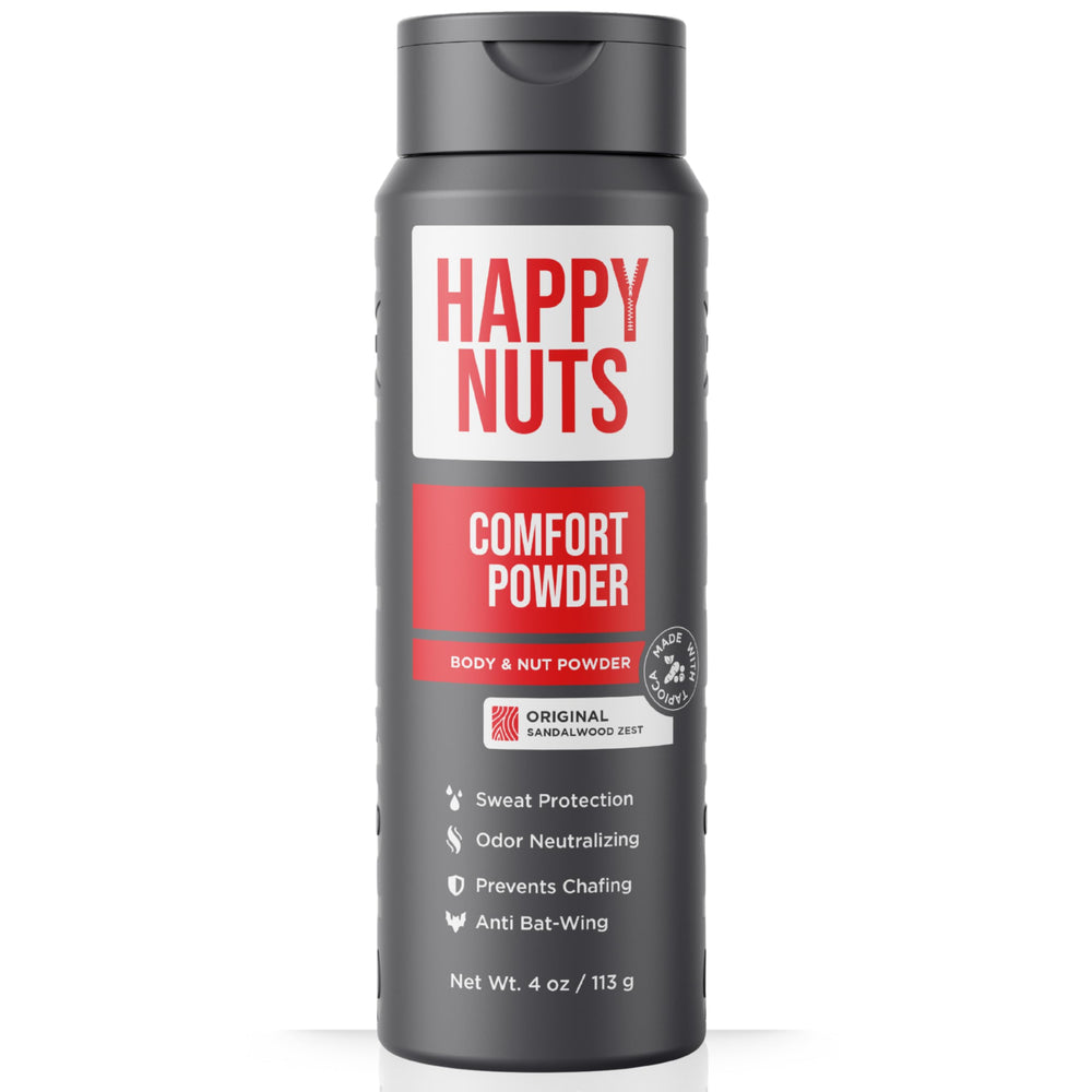 Happy Nuts Comfort Powder Deodorant en envase, protección duradera contra sudor.