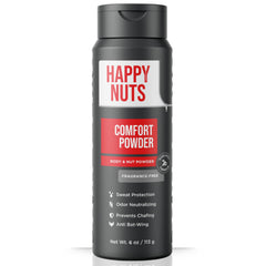 HAPPY NUTS Comfort Powder: envase y aplicación para uso diario y sensación fresca.