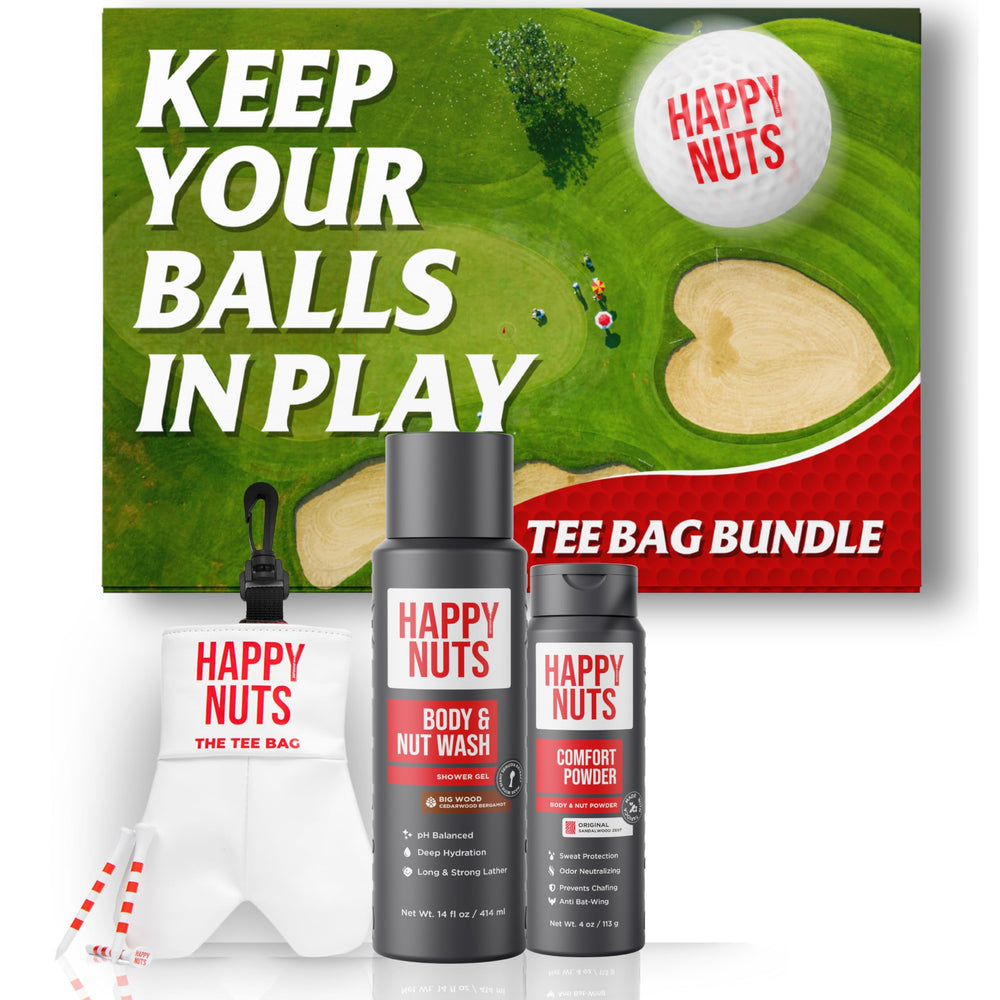 Happy Nuts tee bag bundle frente: kit de golf y cuidado personal.