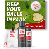 Happy Nuts tee bag bundle frente: kit de golf y cuidado personal.