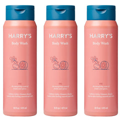 Harry's Fig Scent body wash bottle close-up highlighting gentle cleansing for sensitive skin.