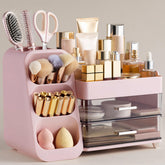HBlife organizador maquillaje rosado frente, acceso rápido a brochas y productos