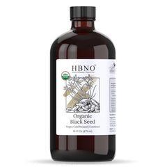 HBNO Organic Black Seed Oil bottle front view for versatile skin and hair care
