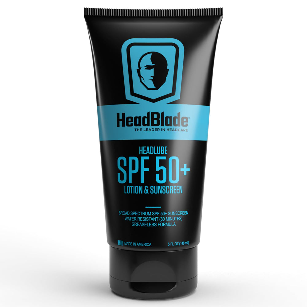 HeadBlade HeadLube SPF50: botella compacta para protección solar diaria sin grasa.
