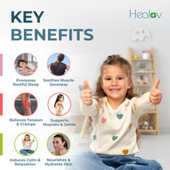 Healov loción de magnesio para niños, aplicación suave tras el juego para relajar músculos.