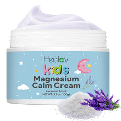 Healov loción de magnesio para niños, botella visible para relajación suave.