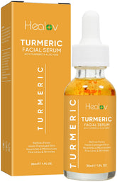Healov Turmeric Serum frasco aplicacion, masaje suave para piel radiante.