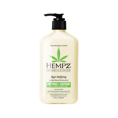 Hempz Age Defying en botella, hidratación profunda para piel suave.