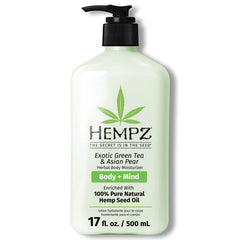 Hempz crema corporal en botella con té verde y pera asiática, hidratación suave para piel seca.