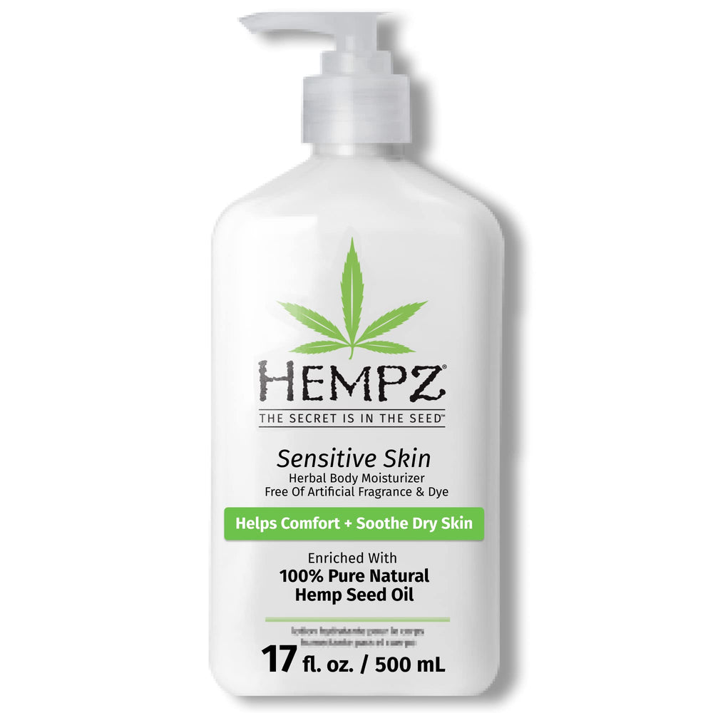 Hempz hidratante para piel sensible con botella: calma y suavidad diaria.