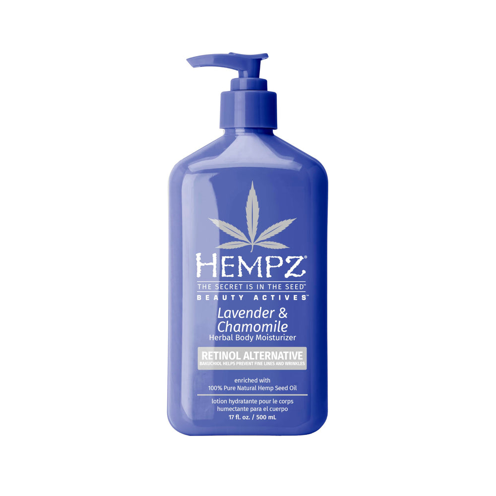 Hempz loción corporal Lavanda y Manzanilla en botella; hidratación suave para piel sensible.