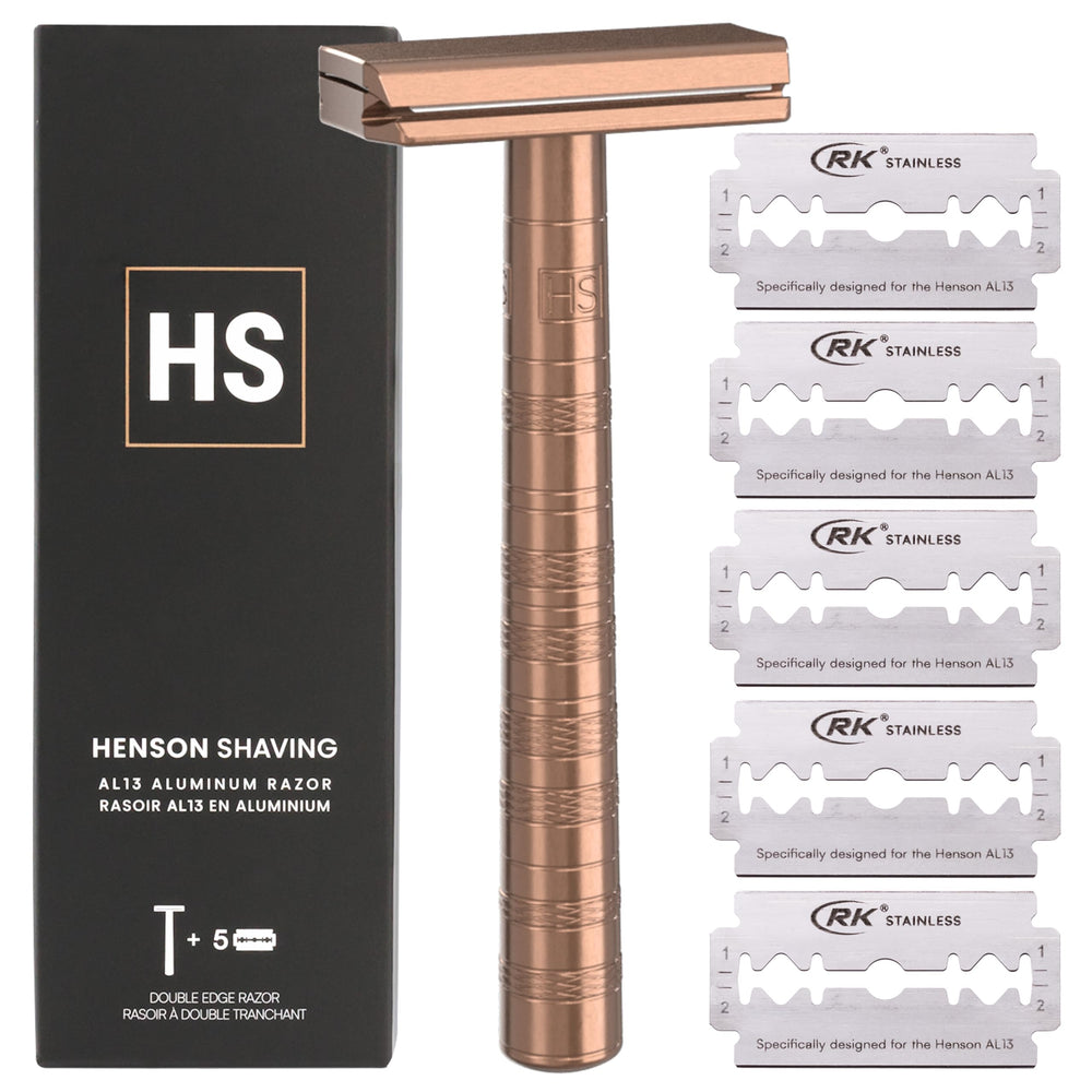 Navaja de seguridad Henson Shaving de cobre, hoja doble, vista frontal para afeitado suave.