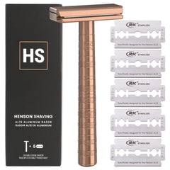 Navaja de seguridad Henson Shaving de cobre, hoja doble, vista frontal para afeitado suave.