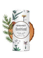 Herb & Root polv o de sándalo en bote para uso diario y piel suave.