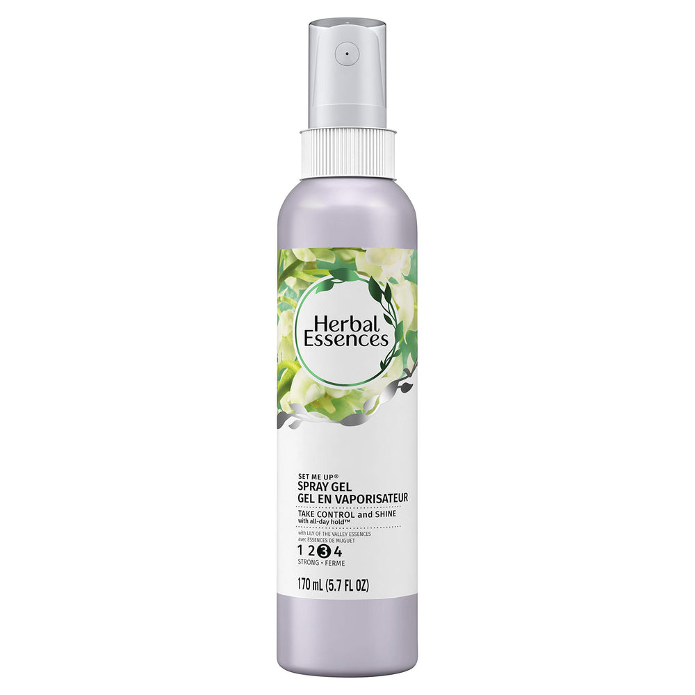 Herbal Essences Gel Fijador en Spray para peinar, botella, ofrece fijación duradera y brillo.
