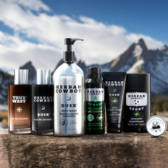 Herban Cowboy True West packaging highlighting natural ingredients and timeless design