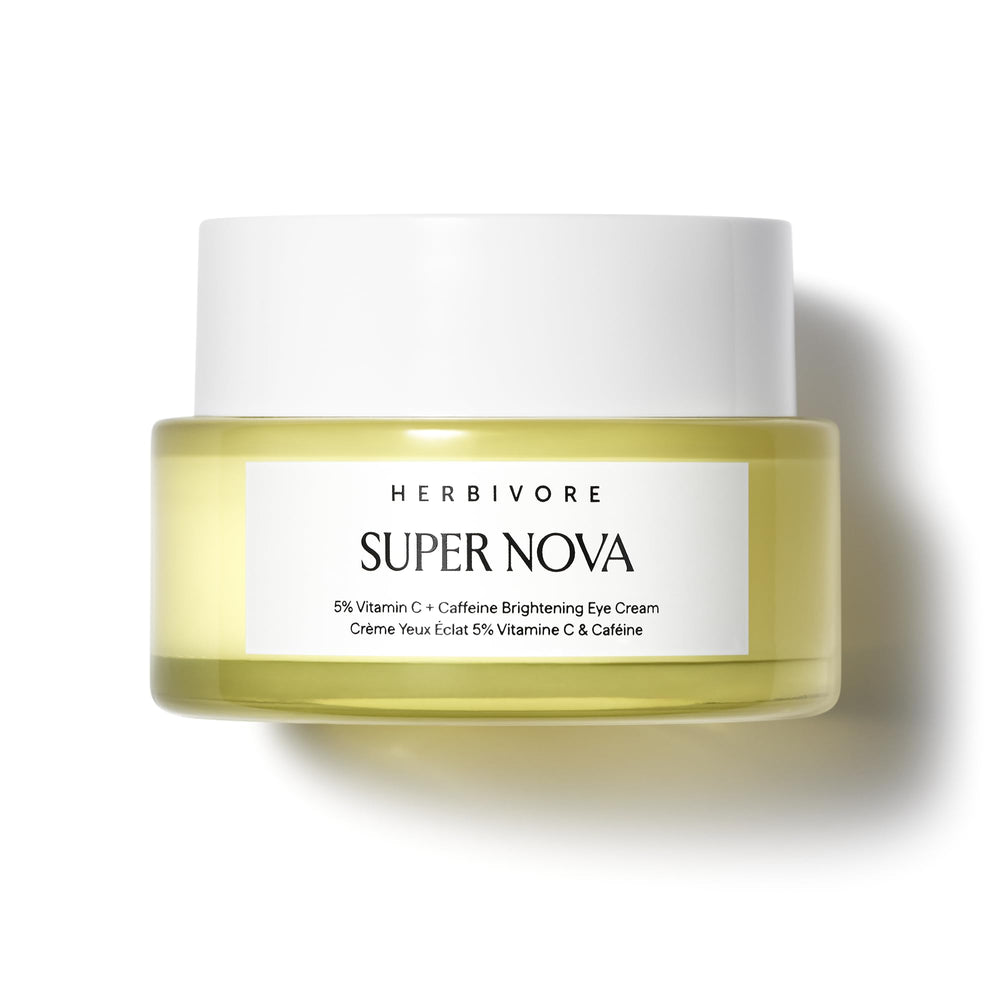 HERBIVORE Super Nova crema de ojos con 5% THD Vitamina C y cafeína para despertar la mirada.