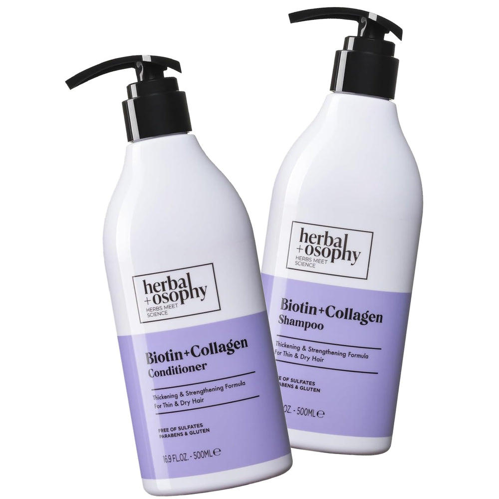 Botella de champú Herbalosophy Biotina y Colágeno para cabello más fuerte.