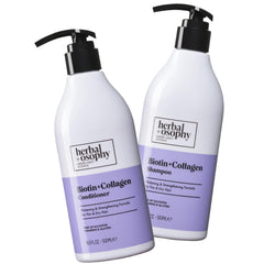 Botella de champú Herbalosophy Biotina y Colágeno para cabello más fuerte.