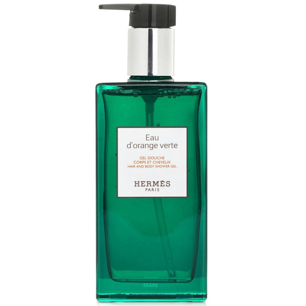 Botella de Hermès Eau d'Orange Verte mostrando gel de ducha y aroma refrescante para piel suave.