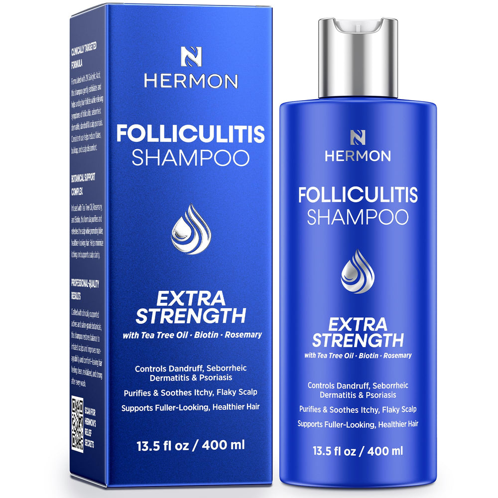 Hermon champú foliculitis, botella frontal, alivio suave para el cuero cabelludo.