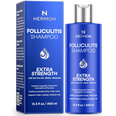 Hermon champú foliculitis, botella frontal, alivio suave para el cuero cabelludo.