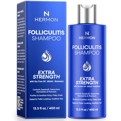 Hermon champú foliculitis, botella frontal, alivio suave para el cuero cabelludo.