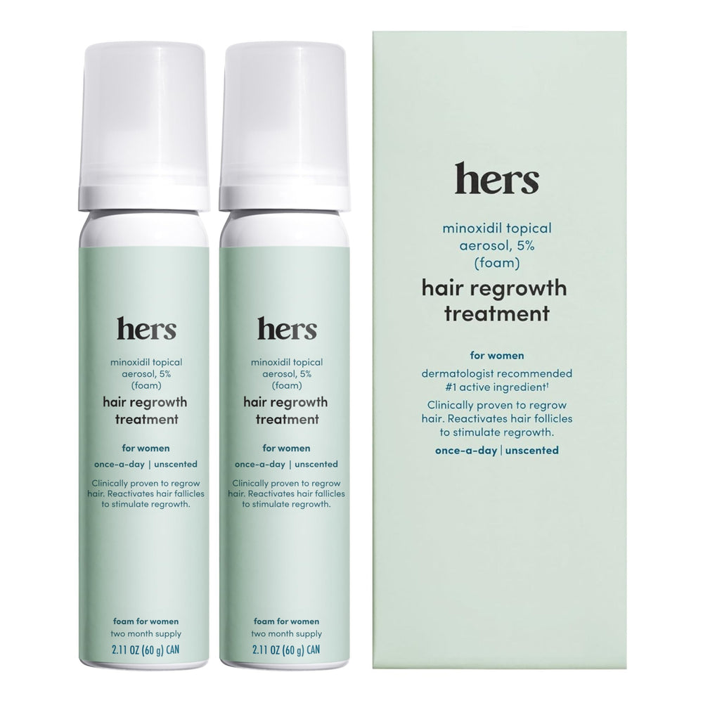 Hers regenera cabello: botella de minoxidil 5% con espuma, posible densidad capilar.