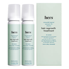 Hers regenera cabello: botella de minoxidil 5% con espuma, posible densidad capilar.