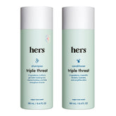 Bouteille de shampooing Hers Triple Threat, hydratante et légère pour les cheveux.