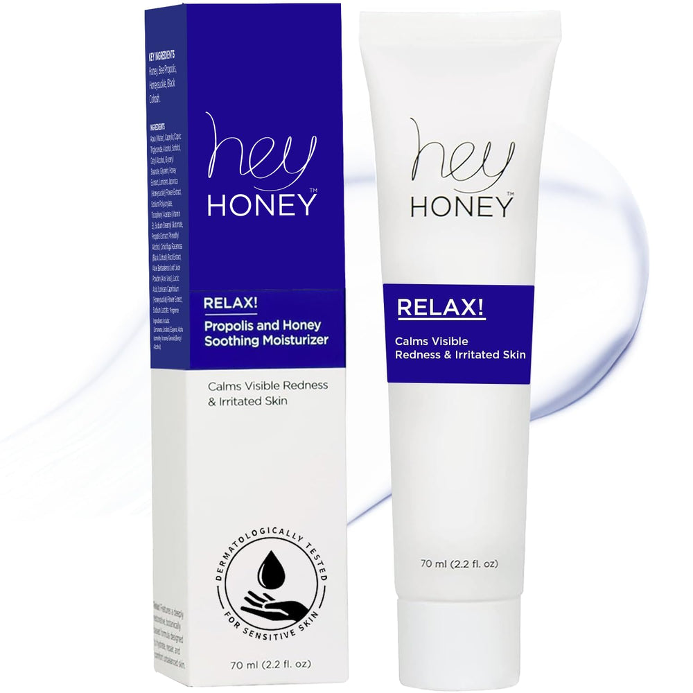 Hey Honey Relax frasco de crema para piel sensible que calma enrojecimiento.