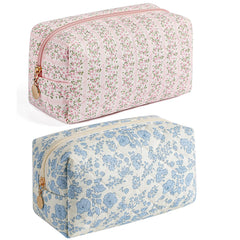 Bolso de maquillaje HHQQWZ para viaje con diseño floral rosa y azul, ideal para cosméticos.